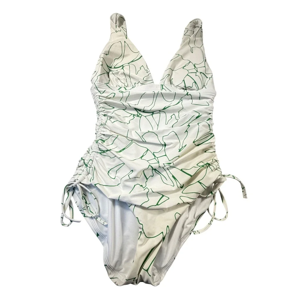 DKNY Womens Medium White Green Abstract Ruched One Piece Swimsuit V-Neck SideTie - Picture 3 of 6